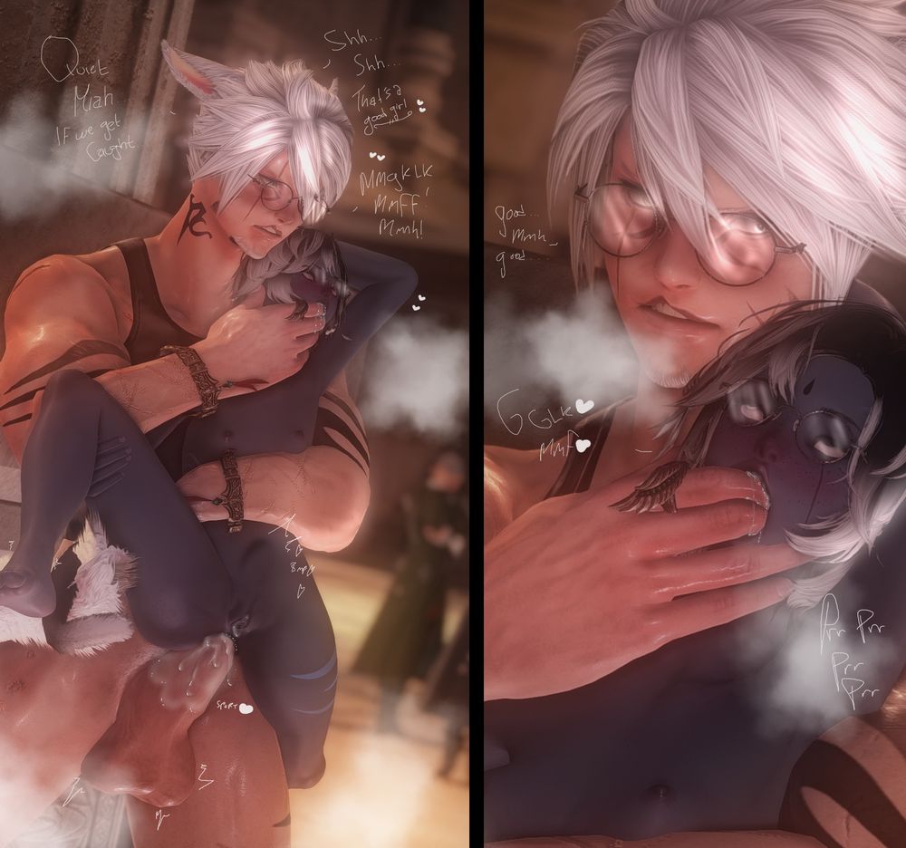 A photo of Taro and Miah in the Studium main hall. They are hidden behind a pillar. Taro's cock is deep in Miah's ass and its causing her tummy to bulge. His arm is wrapped around her torso while his fingers are stuffed into her mouth. Miah is holding up her leg while her other one is wrapped around Taro's thigh.

In the background there are some studium pupils chatting.