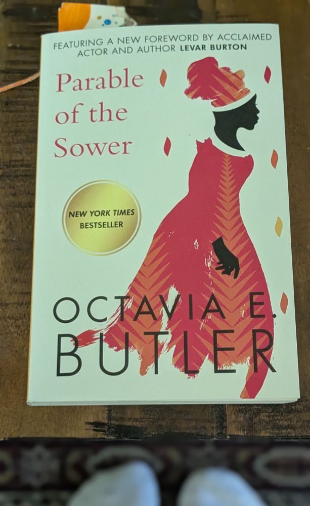 The cover of Parable of the Sower by Octavia E. Butler  showing a woman in a red dress and a head wrapping.