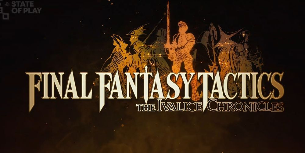 A dark background with a translucent orange fire effect through the center. The characters of the game are posed with weapons brandished, coloured in a simple minimal style in orange.

The logo of the game is front and center, writing in the traditional final fantasy font: 'FINAL FANTASY TACTICS: THE IVALICE CHRONICLES'