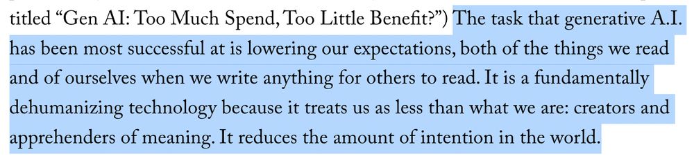 excerpt from Ted Chiang's New Yorker essay on generative AI: "It reduces the amount of intention in the world"