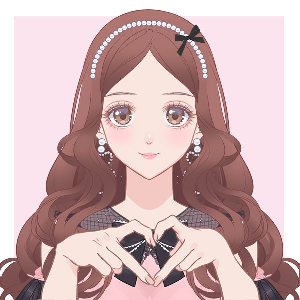 A woman with brown hair, brown eyes, pearl heart earrings, pearl headband, and pink dress is drawn in an anime style. She is creating a heart using her hands. 