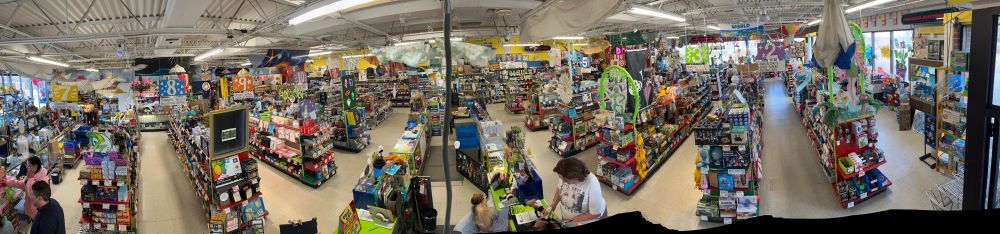 Panorama shot of American science and surplus from up on a ladder looking down