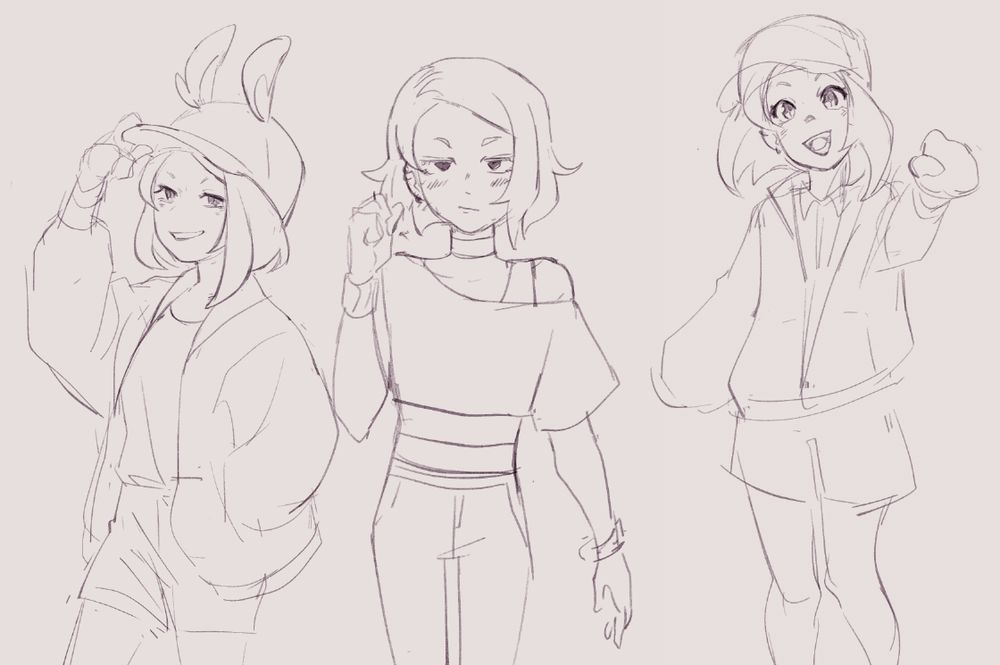 sketch page exploring potential outfits outside of their usual trainer getup. baseball cap with bunny eyes (their starter was a scorbunny). an off the shoulder cropped shirt and jeans. 