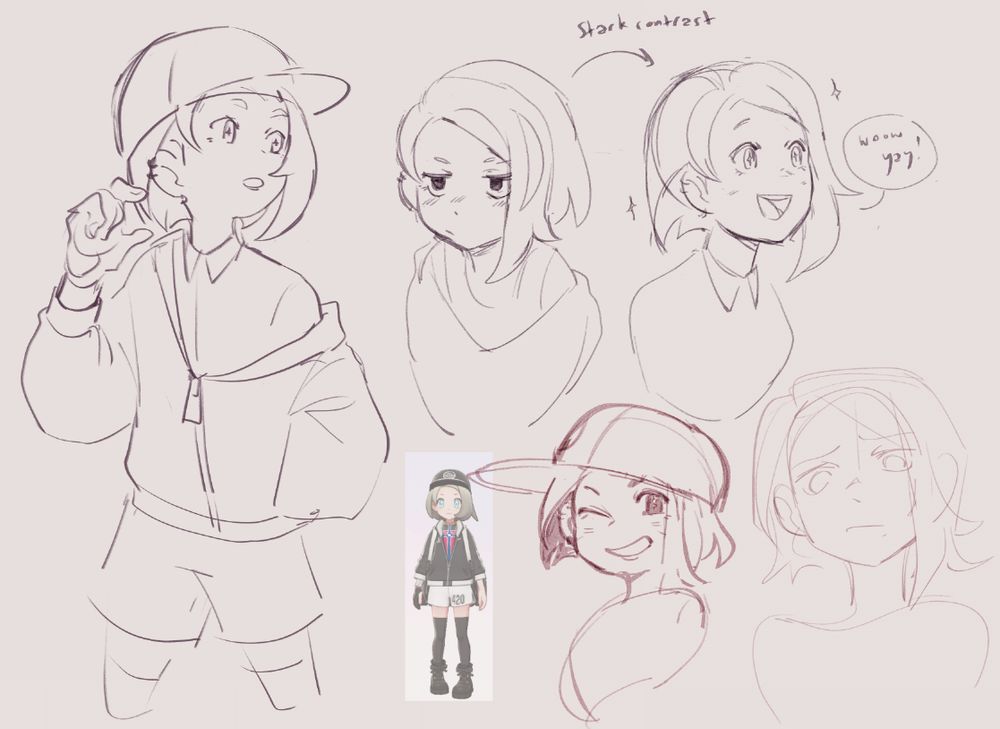 sketch page exploring how i want to draw the characters face and expressions. two headshots illustrate the way they act without their sparkly contacts (dark pupils and moody vs very sparkly and cheerful)