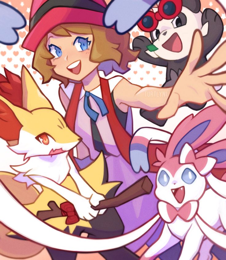 illustration of serena in her anime unique design stretching an arm out with a smile. she is surrounded by her braixen, sylveon, and pancham. sylveon's ribbon feelers stretch out towards the foreground to frame all of them. 