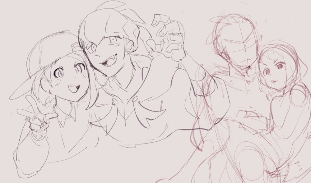 wip sketch of trainer posing with raihan for a selfie and the trainer sitting in raihan's lap as they look at something on his rotom phone