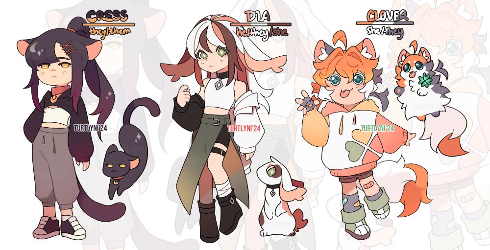 art of op's kemonomimi sonas

cress (they/them) black cat with long black hair in a high ponytail and yellow eyes 

dia (he/they/she) long white hair with streaks of brown and pink with green eyes bunny

clover (she/they) technically retired sona.. calico cat with turquoise green eyes. very fluffy and goofy looking.