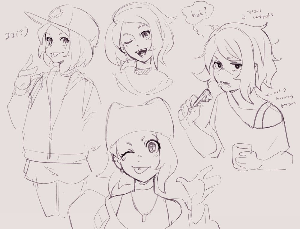 sketch page exploring facial expression and the characters fashion sense outside of their typical baseball cap and zip up jacket over jersey. perhaps spunky? 

drawing on the furthest right depicts them brushing their teeth and going "huh?" scarily at the viewer. they are not a morning person. 
