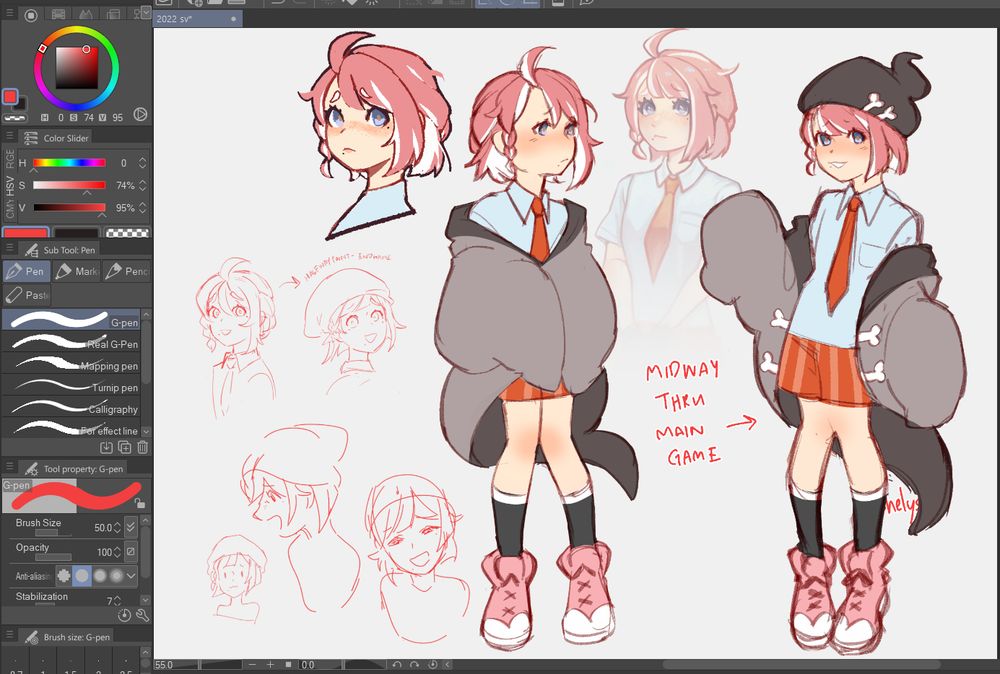 sv trainer. timid looking character with messy pink and white peekaboo hair with a braid on the side in a grey cardigan. midway thru the main game, they tidy their hair up and start wearing a duskull themed beanie and cardigan which falls off their shoulders