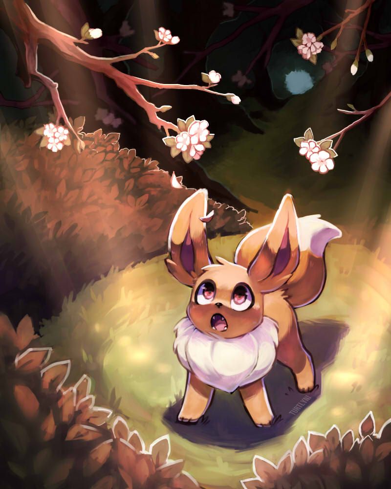 illustration of an eevee standing in a hidden grove with spotlight lighting on them. it looks up in awe at some cherry blossom tree branches. 