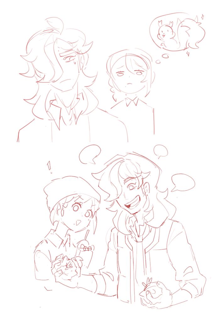 top sketch: trainer stands behind arven who uneasily eyes their direction. his hair reminds them of a skwovet (squirrel pokemon)

bottom sketch: arven yapping about the properties of different berries while the trainer attentively takes notes on a spiral notepad.
