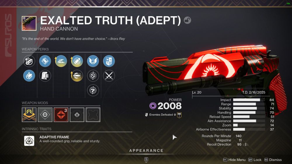 A screenshot of exalted truth hand cannon in destiny 2 with slideshow eye of the storm or mag howl