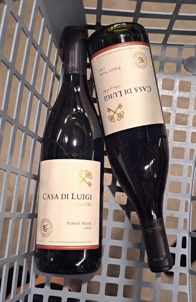 Two bottles of wine labeled Casa di Luigi on a supermarket basket