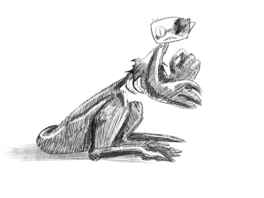 A drawing of twisted Shelly sitting, looking confused at the camera