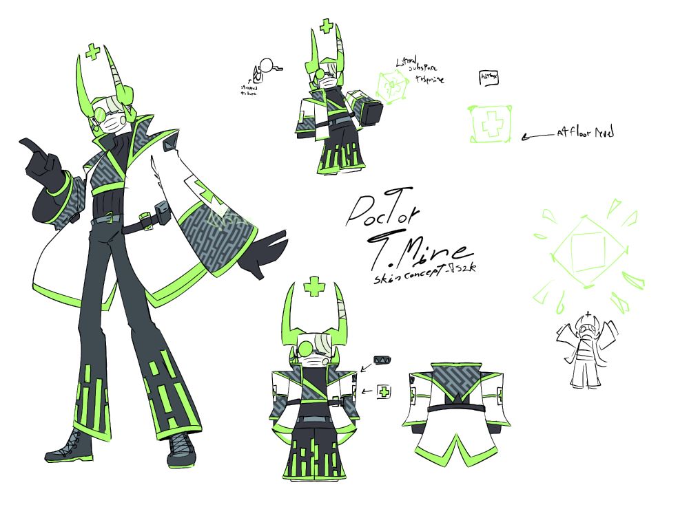 A refference sheet of a subspace skin for phighting, image showcases design and part of the sfx, overall theme being that of a doctor-esque design, with bright green and dark grey-ish blues 