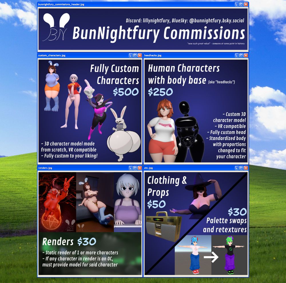 My commission sheet, listing out the prices of the services I offer. $500 for a fully custom 3d character model, $250 for a human character with a standardized body base, $30 for character renders, $50 for clothing and props, and $30 for palette swaps and retextures.