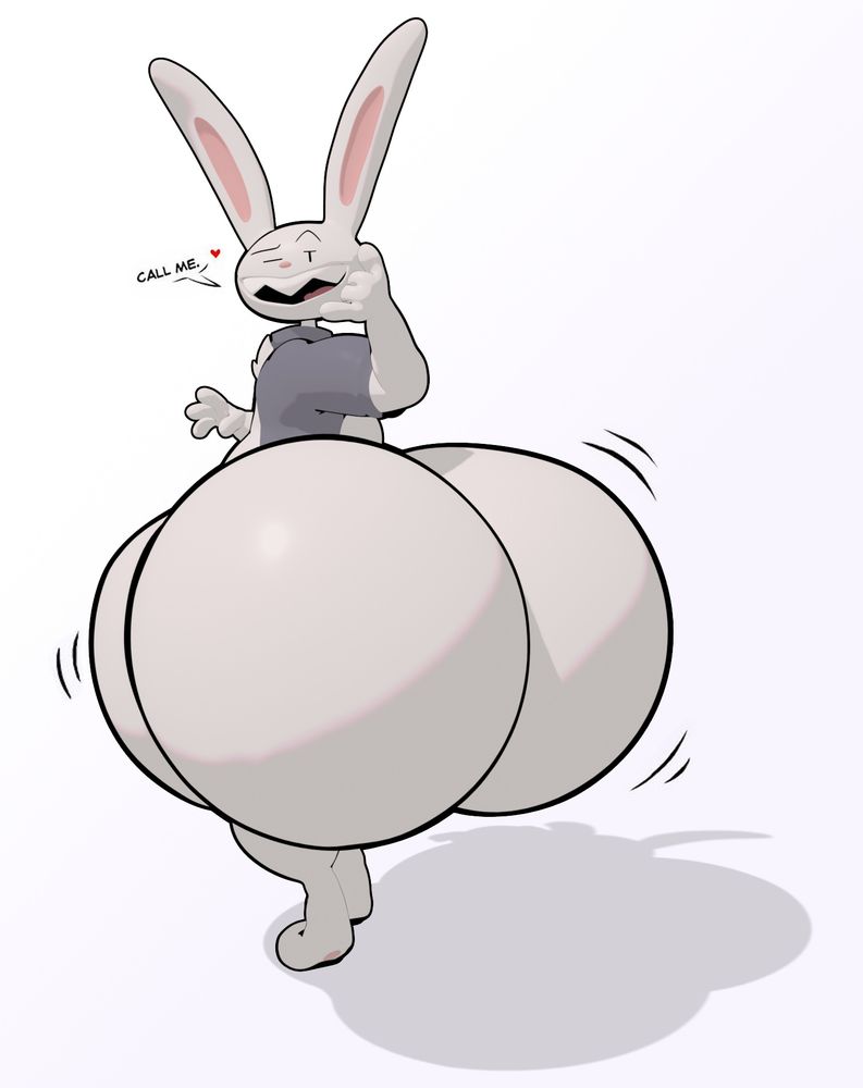 An image of a fan-made 3D render of Max, the rabbit character from Sam & Max. He has a HUGE ass, each cheek being the size of an exercise ball. He is looking back and winking to the viewer, doing the 🤙 call me hand pose, while saying "Call me" with a heart next to his dialogue.