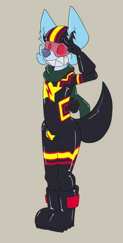 A coloured sketch of my rubber fox/wolf hybrid fursona Zephyr wearing the grunt uniform for Starhunters in the Black Nova Corp, the main supervillain organization in my Satellite Square setting.

Zephyr is standing to attention and saluting, wearing a helmet with a hypnotic visor attached that appears to have brainwashed him as his eyes are red spirals. He also has a pair of earphones and a permanent sharp-toothed gin om his face, clearly forced and not a natural smile.

He is also wearing a black latex catsuit with red and yellow patterns onnit that were styled after the Rubber Pride Flag, with a broken star symbol displayed across his chest. He is also wearing a pair of black rubber gloves and boots.

His genitals have been encased in a round, prominent null bulge with the same broken star symbol on it that's on his chest.