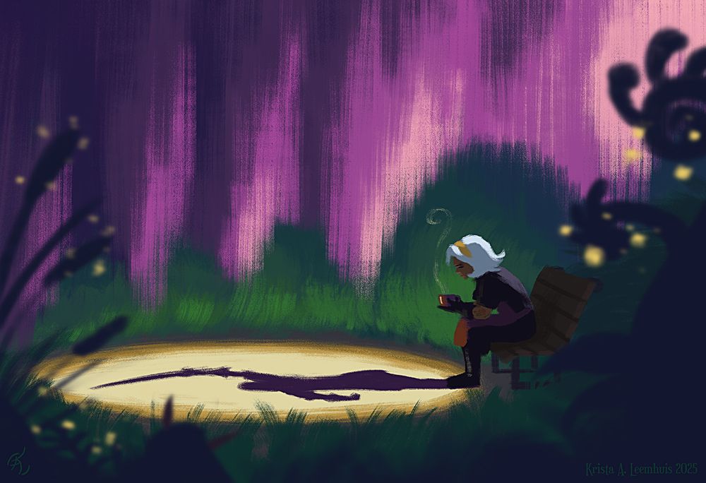 Alta, the main character from Wanderstop, sits on a bench in a clearing, her elbows on her knees, a cup of hot tea in her hands. The tea curls into a swirl...or a question...as she gazes at her shadow. But her shadow is that of a warrior, raising a sword above her head. Around her is a peaceful clearing in blues, greens, and purples, and a pink willow drapes down in the background. In the foreground are plants...and a wee pluffin.