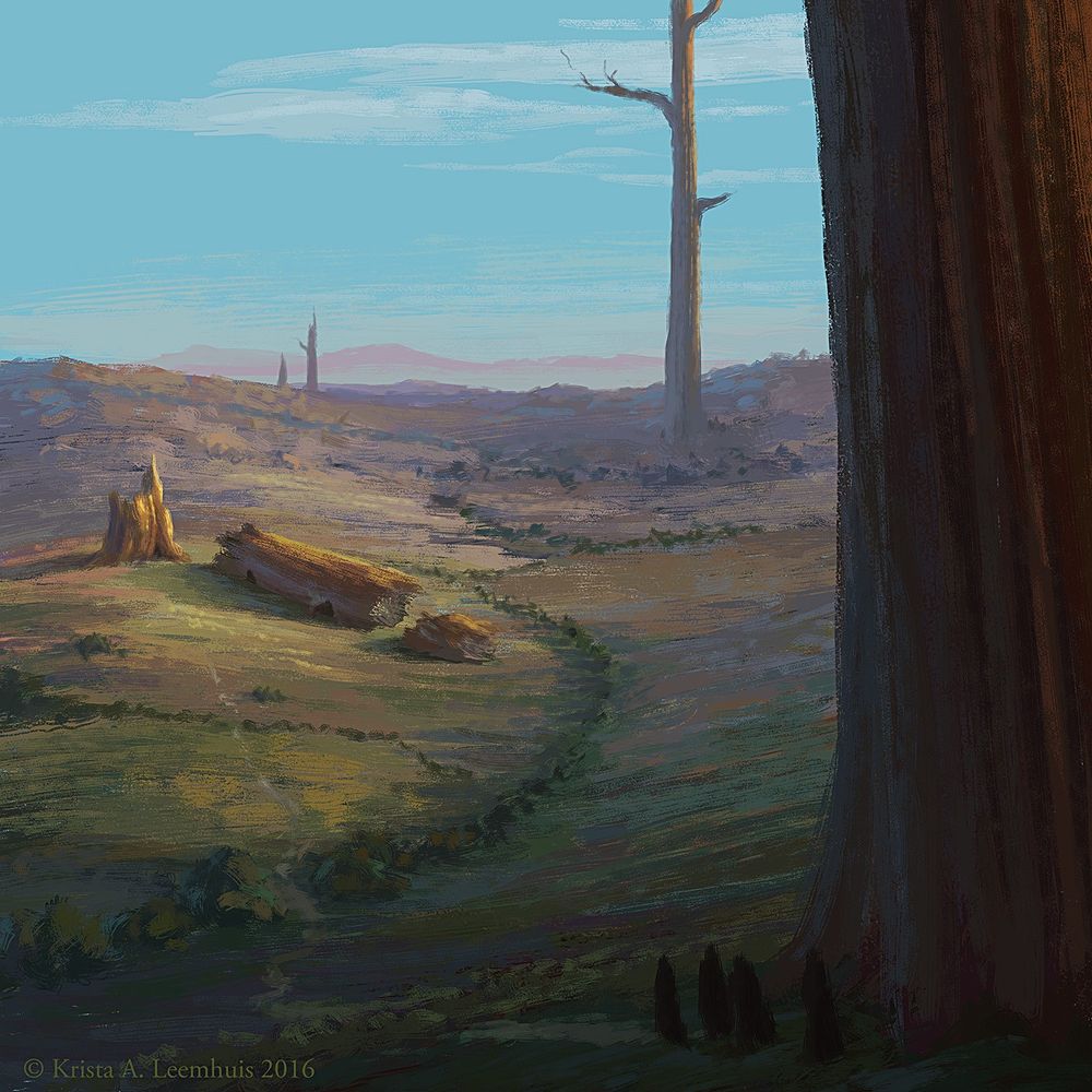 Morning in an expansive grassland, where massive trees once stood, and some still stand, though no longer living. Hedgerows crisscross the landscape, and the fields range from deep greens and browns in the foreground shadows through a rainbow of colors as they recede toward distant purple mountains. 4 cloaked figures are tiny in the foreground, and in the middle-distance, pieces of a fallen tree appear as though they've been made into homes or buildings. A path the figures follow leads them there.