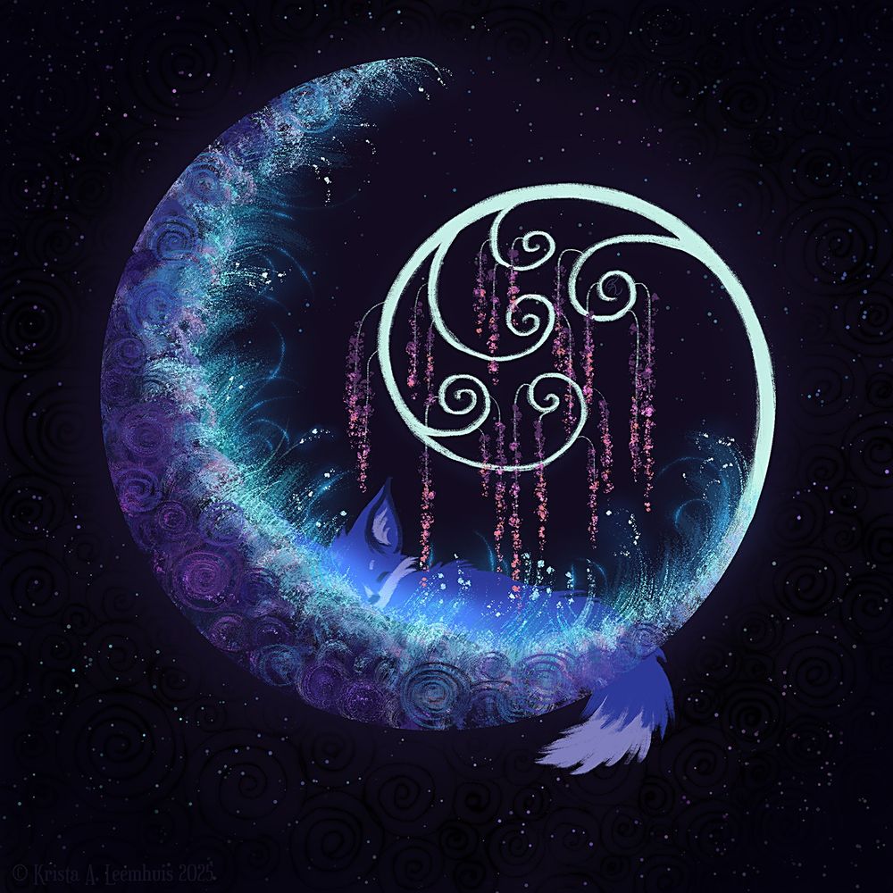 Image is of a crescent moon rendered in soft purples, blues, pinks, and white, rippled with swirls. The moon curls into itself as a tree, which has swirling branches, and from those branches drape vines of pink flowers. Resting in the crescent moon is a blue fox, comfortable and safe in a field of luminous blue moon grasses.