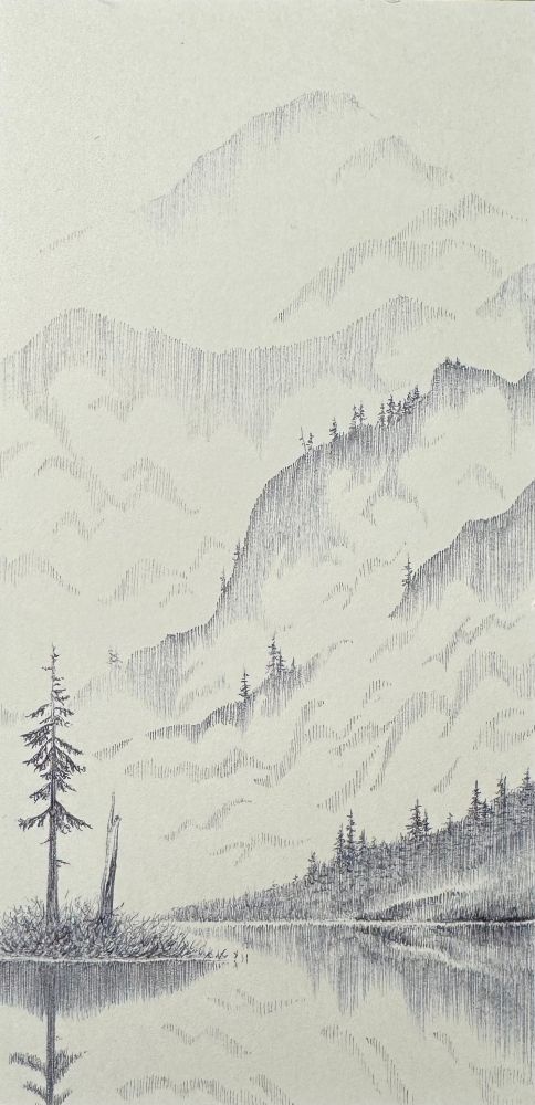A drawing in black ballpoint pen on white paper. The scene is a landscape in which tall misty mountains and hills fill the background. In the lower third, a distant hill angles into a lake, and reflects in the still water. There’s an island in the lake in the foreground, with two pine trees—one alive, one dead. The live tree has a reflection; the dead one does not.