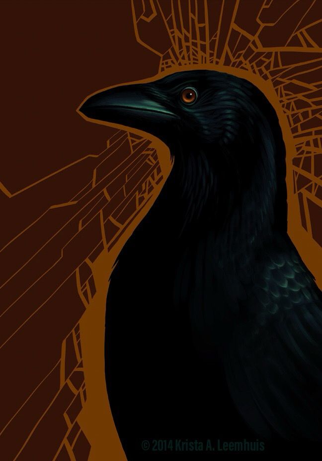 Painting of a crow from the side. Greenish highlights give some form and dimension to its feathers and body, and it has an orange eye. It seems alert. It sits on an abstract dark orange background that seems to shatter around its shape like glass, with a brighter orange outline emphasizing the crow’s shape.