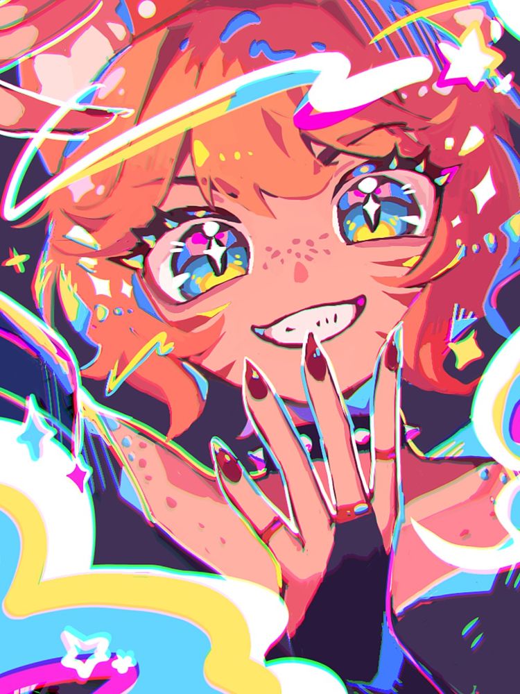 Art of vtuber/streamer GingerKitsu. Ordered through the Skeb website service by artist @harikamonohashi. The art is very colorful and bright as Ginger looks into the camera mischievously with bright, shining eyes.