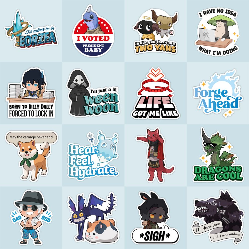 A set of sticker designs featuring characters and creatures from FFXIV, on a blue and white checked background.