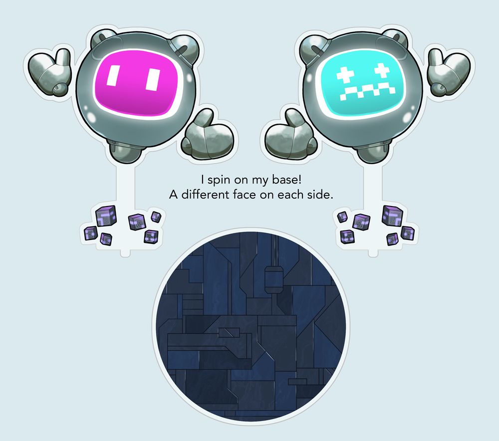A standee design of an Outrunner from FFXIV, a floating robot with a happy and frazzled expression. The design shows both the standee itself and the base, which is designed to look like a futuristic floor.