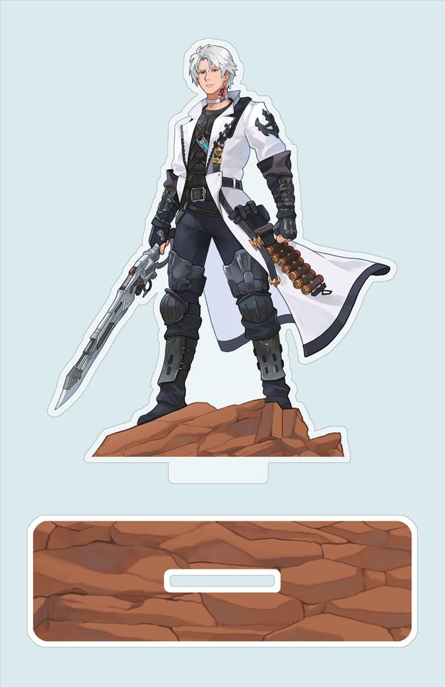 A standee design of Thancred Waters from FFXIV. He is standing upon a rock holding his gunblade. The design shows both the standee itself and the base, which is designed to look like rock.