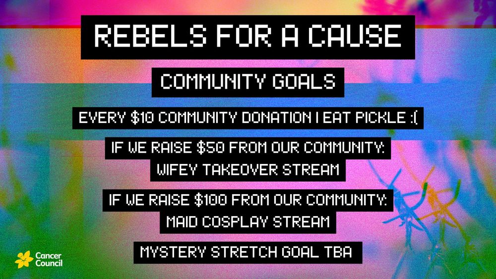 Promo for Rebels for a Cause listing my community goals.
Every $10 community donation I eat pickle.
If we raise $50 from our community my partner will do a takeover stream.
If we raise $100 from our community I do a maid cosplay stream.
Mystery stretch goal tba.