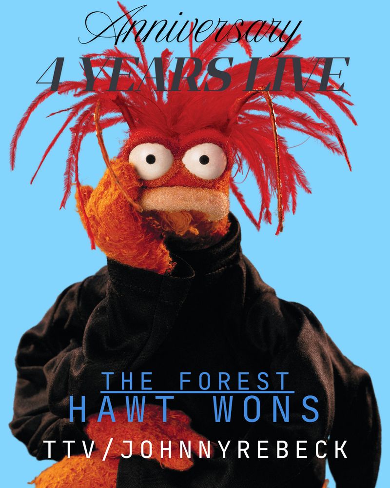 Promo for my 4 year affiliate stream anniversary on Twitch. An image of Pepe the King Prawn muppet in a balck turtleneck giving a book cover headshot on a blue background. Text: Anniversary 4 years live, The Forest, Hawt Wons, and my twitch channel name Johnny Rebeck.