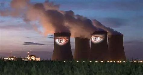 A set of 20th century power station cooling towers at dusk. For reasons unknown, giant eyes have been projected onto them,creating the impression of some sort of ominous watcher. 