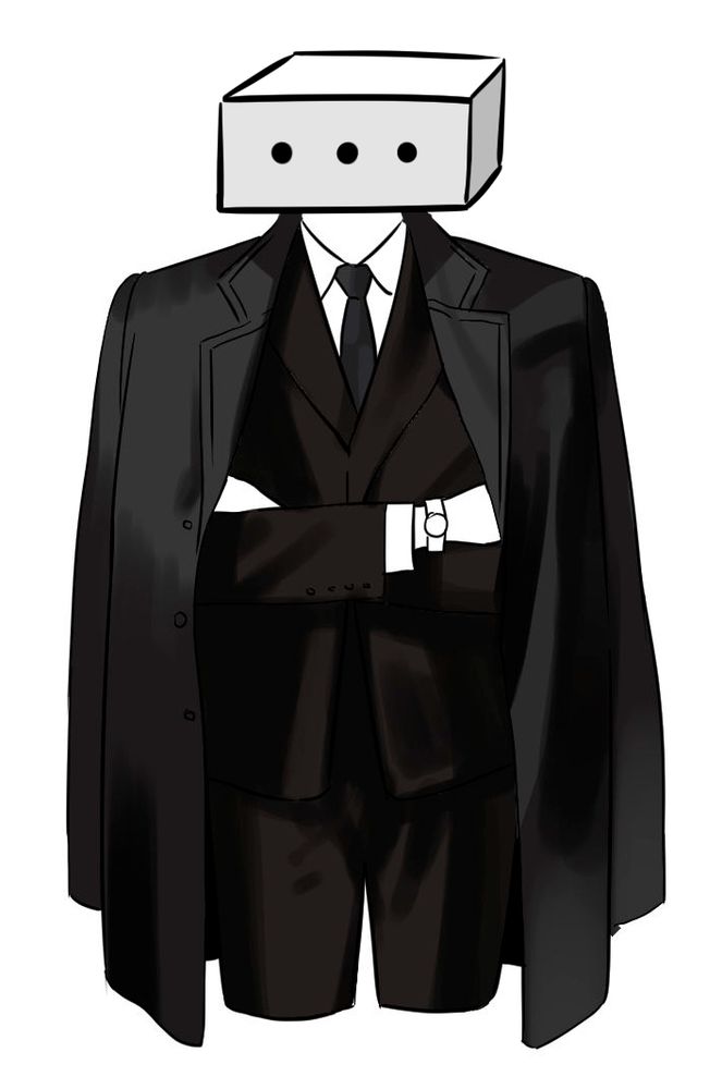 구멍 3개가 있는 박스를 머리로 가진 수트 입은 인외. 
Non-human in a suit has a box with three holes as a head. 