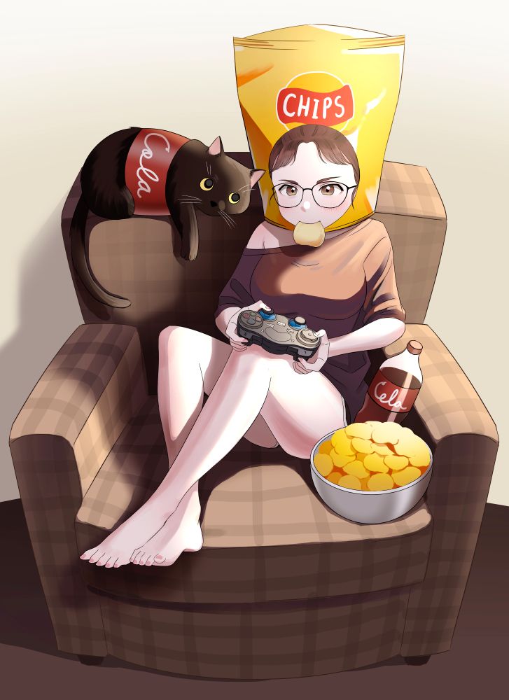 A girl is sitting on the couch with a potato chip bag on her head. A black cat is sitting beside her with a red cola label.