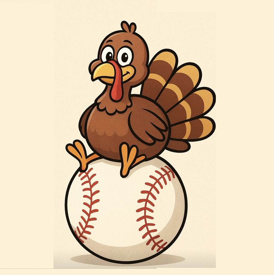 Comic book turkey sitting on a baseball
