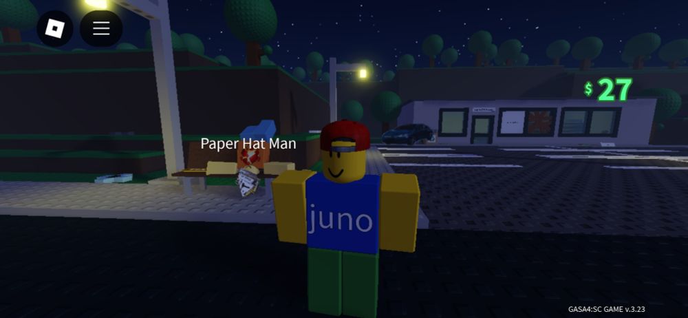 Screenshot from 'Get a Snack at 4am' of a yellow, blue, and green avatar from ROBLOX. To the left is another avatar named 'Paper Hat Man', with a paper hat and a red torso.