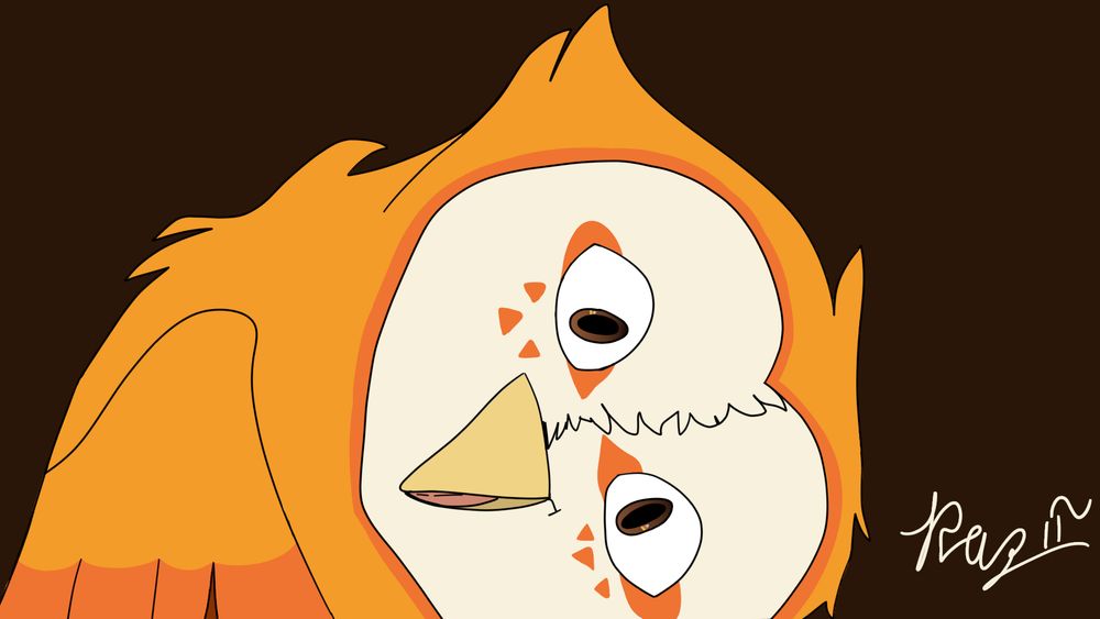 candy corn colored barn owl tilting head at camera, belong to AriBirby