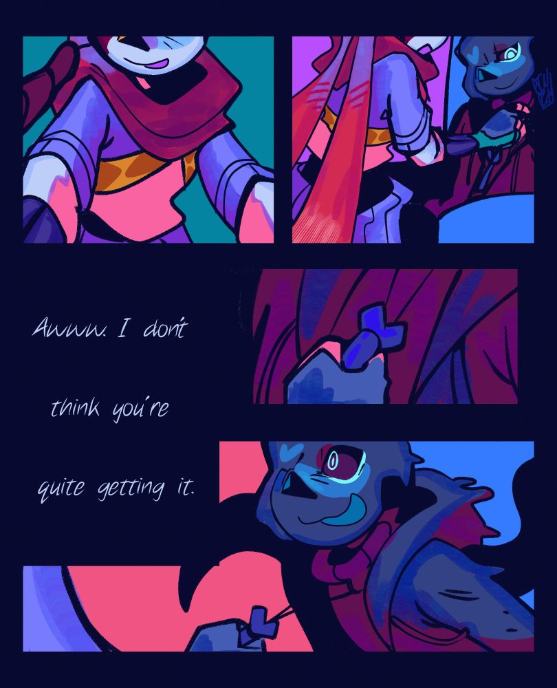 Ink looks down at Nightmare, both arms on the arms of the throne. He leans down, grabbing Nightmare's collar (a blue paint vial) before he suddenly pulls him forward by it. Nightmare looks surprised, but keeps smiling. Ink says, "Awww. I don't think you're quite getting it."