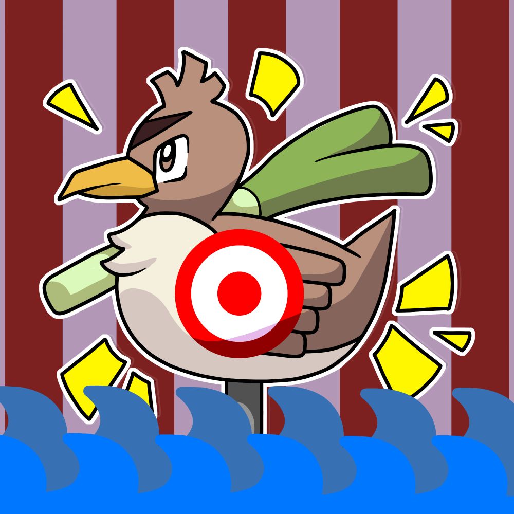 A colorful, cartoon illustration of Farfetch'd from Pokémon as a carnival shooting gallery duck. There's a large target in the center and yellow action markers around the outside to indicate sound or movement. In the foreground, there are two layers of blue waves in front of the duck and the background has red and white stripes, similar to the carnival game.