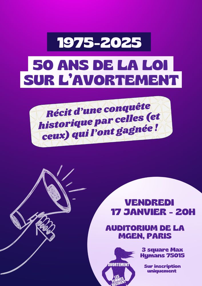Affiche de la soirée du 17 janvier 2025 à l'auditorium de la MGEN à PARIS pour fêter les 50 ans de la loi sur l'avortement.