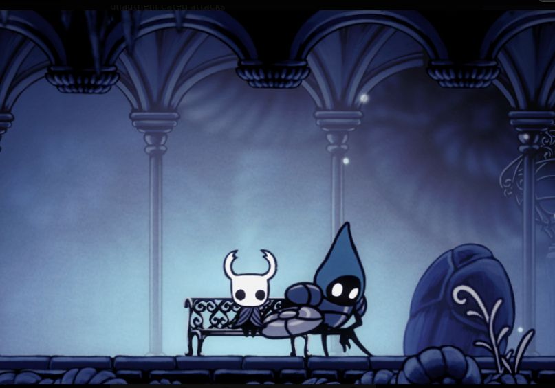 A screenshot from the original Hollow Knight of the main character sitting on a bench with another bug