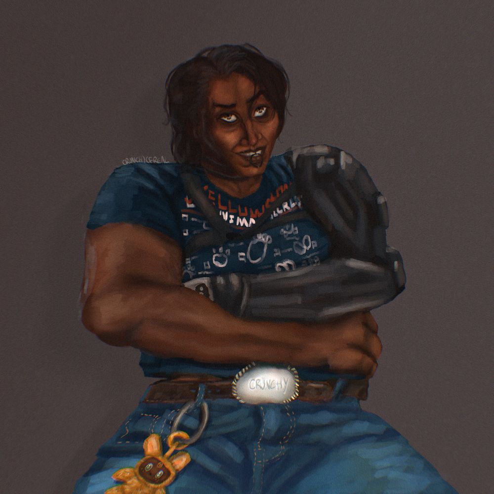 Image is of Sevika from the show Arcane: League of Legends. She has a black prosthetic arm on her right side, is wearing a navy blue shirt that says Yellow Stone Animal Check, and jeans. She has a labubu doll on her lap that resembles Mel Medarda