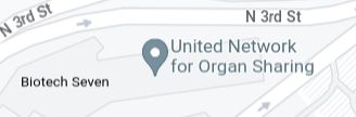 Google Maps screenshot showing a place named "United Network for Organ Sharing", right next to another one named "Biotech Seven"