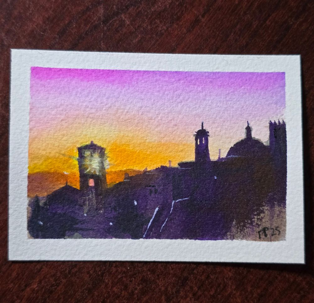 Art card watercolor painting of a Sunset shining through a tower in Assisi, italy.
