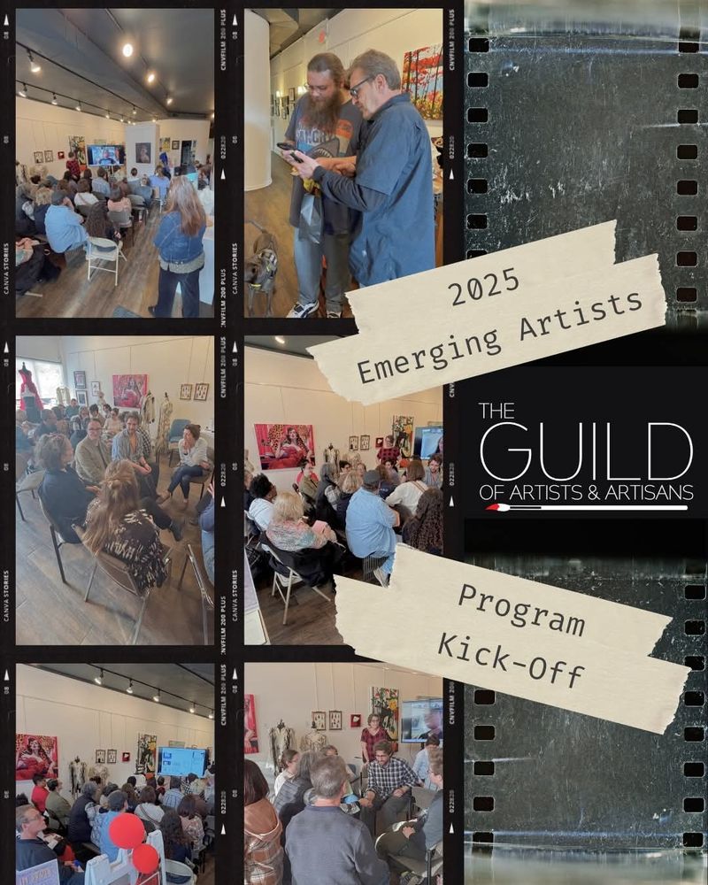 Collage of photos of the program kick off meeting for the 2025 Emerging Artists program through the Guild of Artists and Artisans at the Gutman Gallery on Monday, april 21, 2025.

The Emerging Artists program helps prepare Artists to be prepared to exhibit at art fairs and festivals and helps with learning all aspects of the business of art.