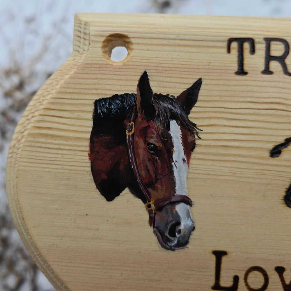 Acrylic painted portrait of a horse in a wooden sign