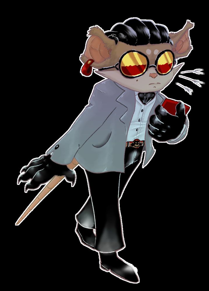 A rat Mobian with red glasses holding a tablet with an Eggman buckle, grey jacket and cropped ears. 