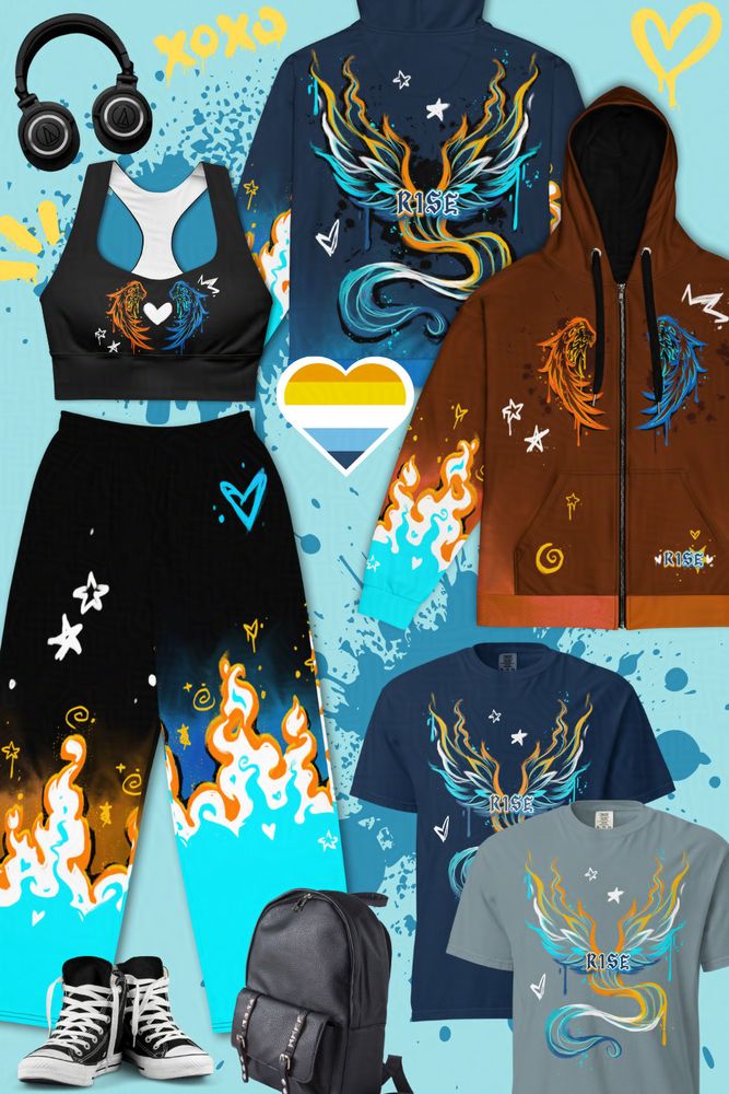 The aroace RISE collection including a sports bra, pants, t-shirts, and hoodies. 